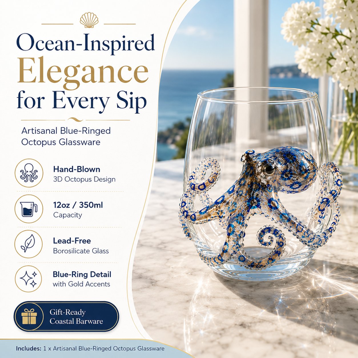 🌊 High-quality handmade glass featuring 3D marine life designs.