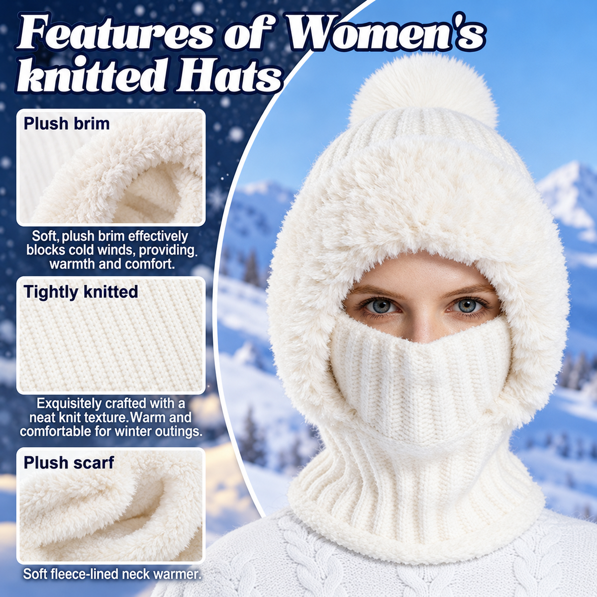🎁49% OFF! 🥶 ❤️ 3-in-1 Women's Knitted Winter Hood with Soft Fleece Lining 🧣