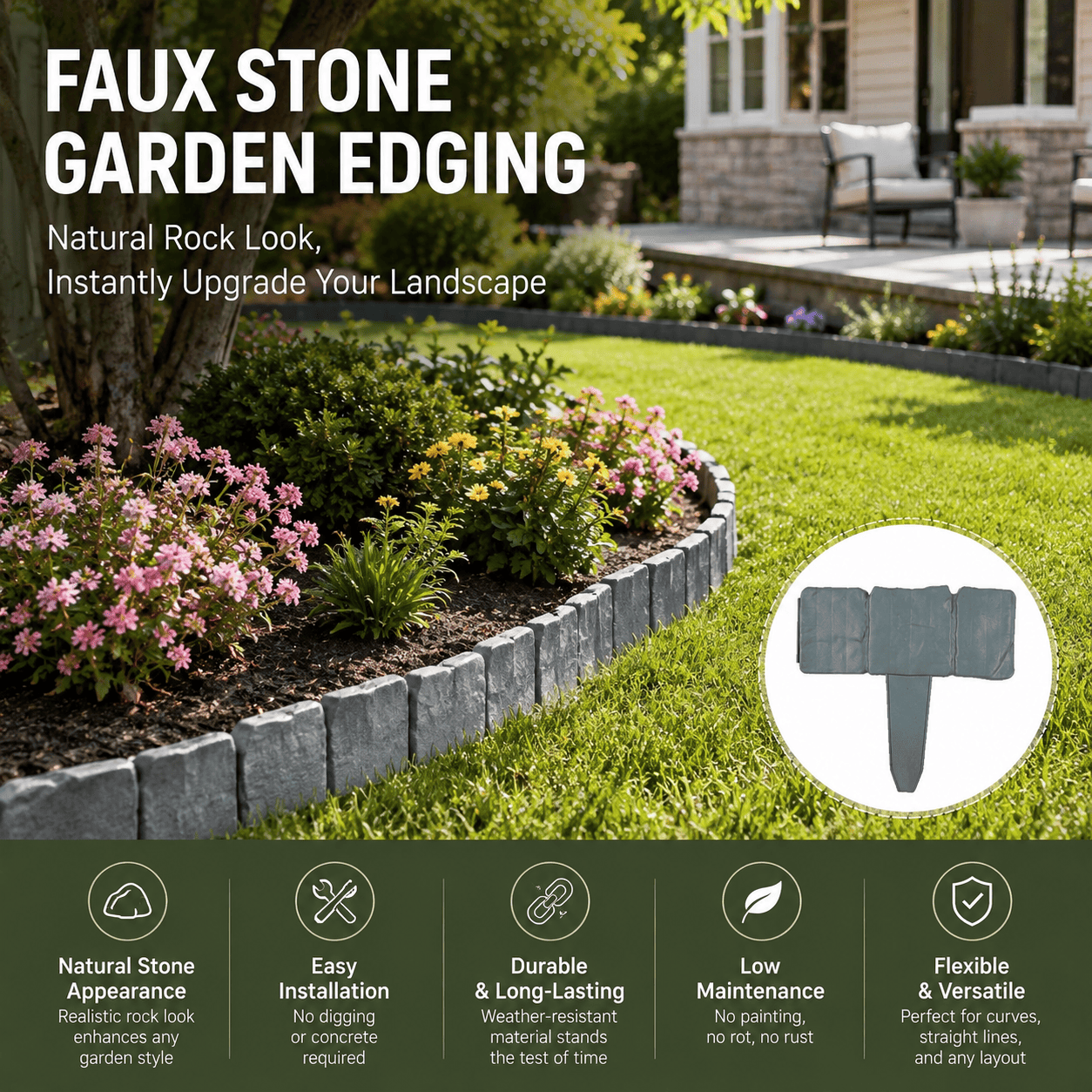 ☘️Faux Stone Landscape Edging Border with Realistic Natural Rock Appearance