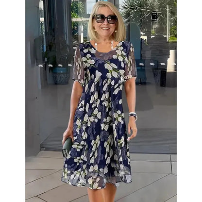 ✨ Women's A-Line Floral Dress — Double-Layer Chiffon, Elegant Print, Knee-Length Cut 👗