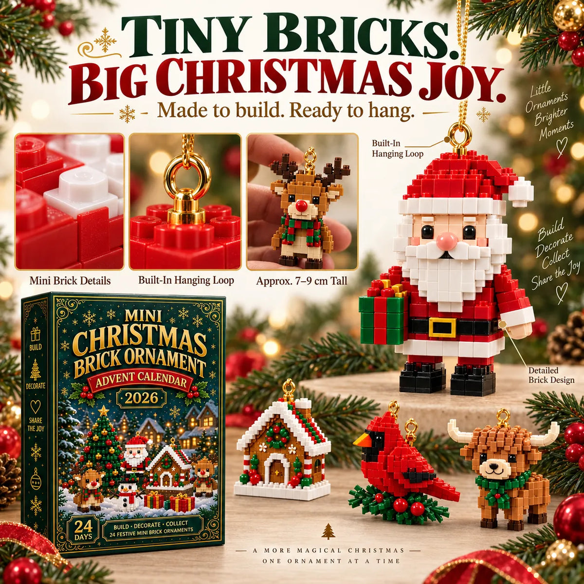 ⏳ Last Day 49% OFF – 🎄24-Day Mini Christmas Brick Ornament Advent Calendar | 24 Unique Buildable Holiday Ornaments to Create. Hang & Keep 🧱