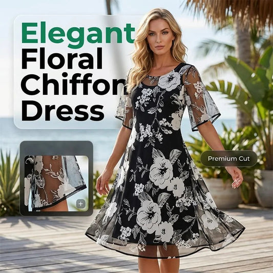 ✨ Women's A-Line Floral Dress — Double-Layer Chiffon, Elegant Print, Knee-Length Cut 👗