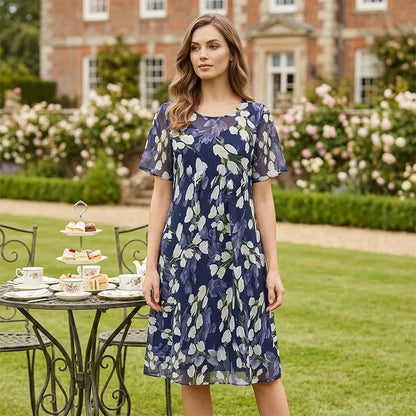 ✨ Women's A-Line Floral Dress — Double-Layer Chiffon, Elegant Print, Knee-Length Cut 👗