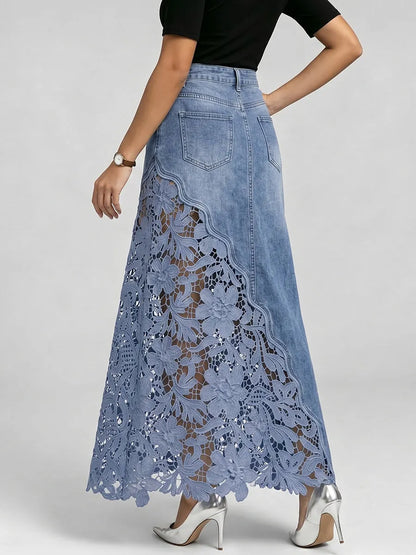 Stylish and sexy women's denim skirt featuring lace inserts and cut-out details.
