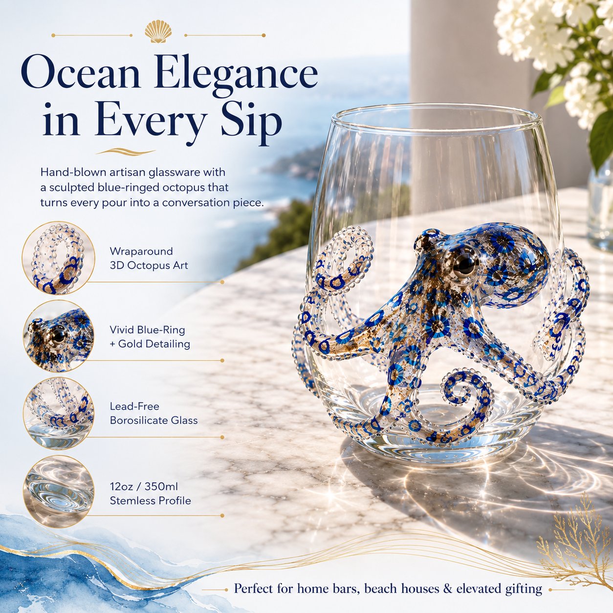 🌊 High-quality handmade glass featuring 3D marine life designs.