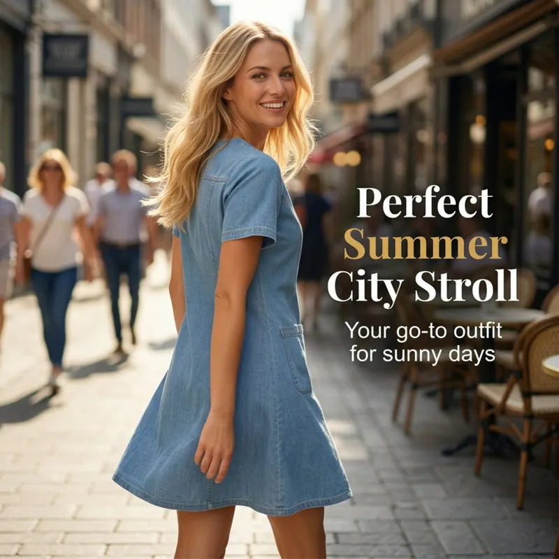 🔥 49% OFF🔥⏰Women's Short Sleeve V-Neck Denim Dress