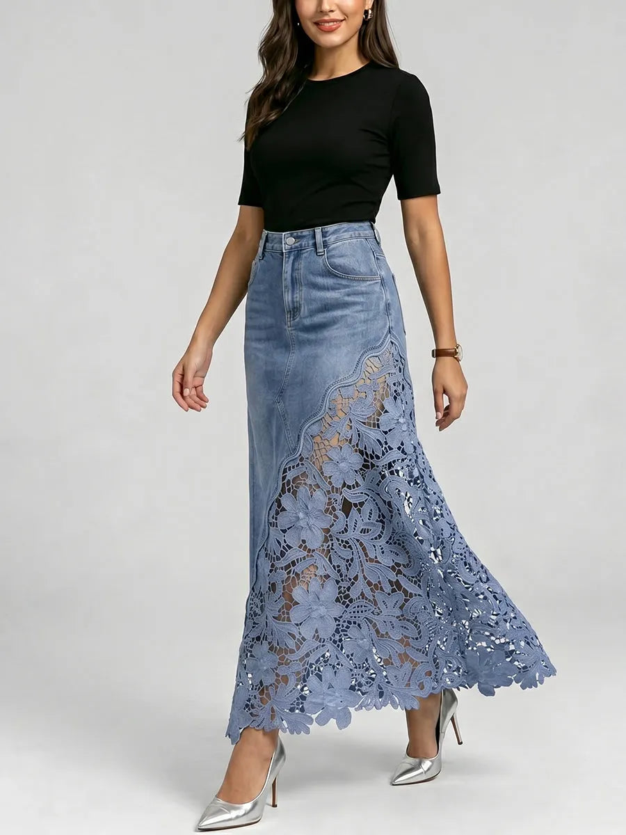 Stylish and sexy women's denim skirt featuring lace inserts and cut-out details.