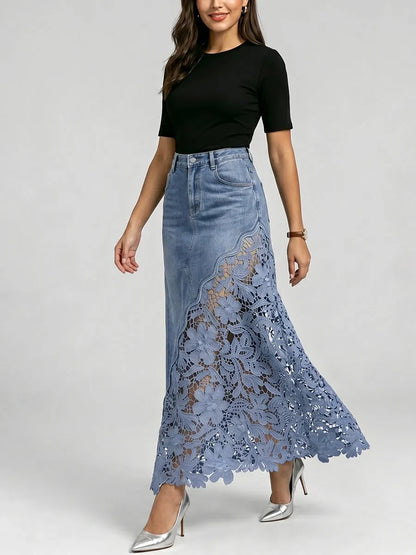Stylish and sexy women's denim skirt featuring lace inserts and cut-out details.