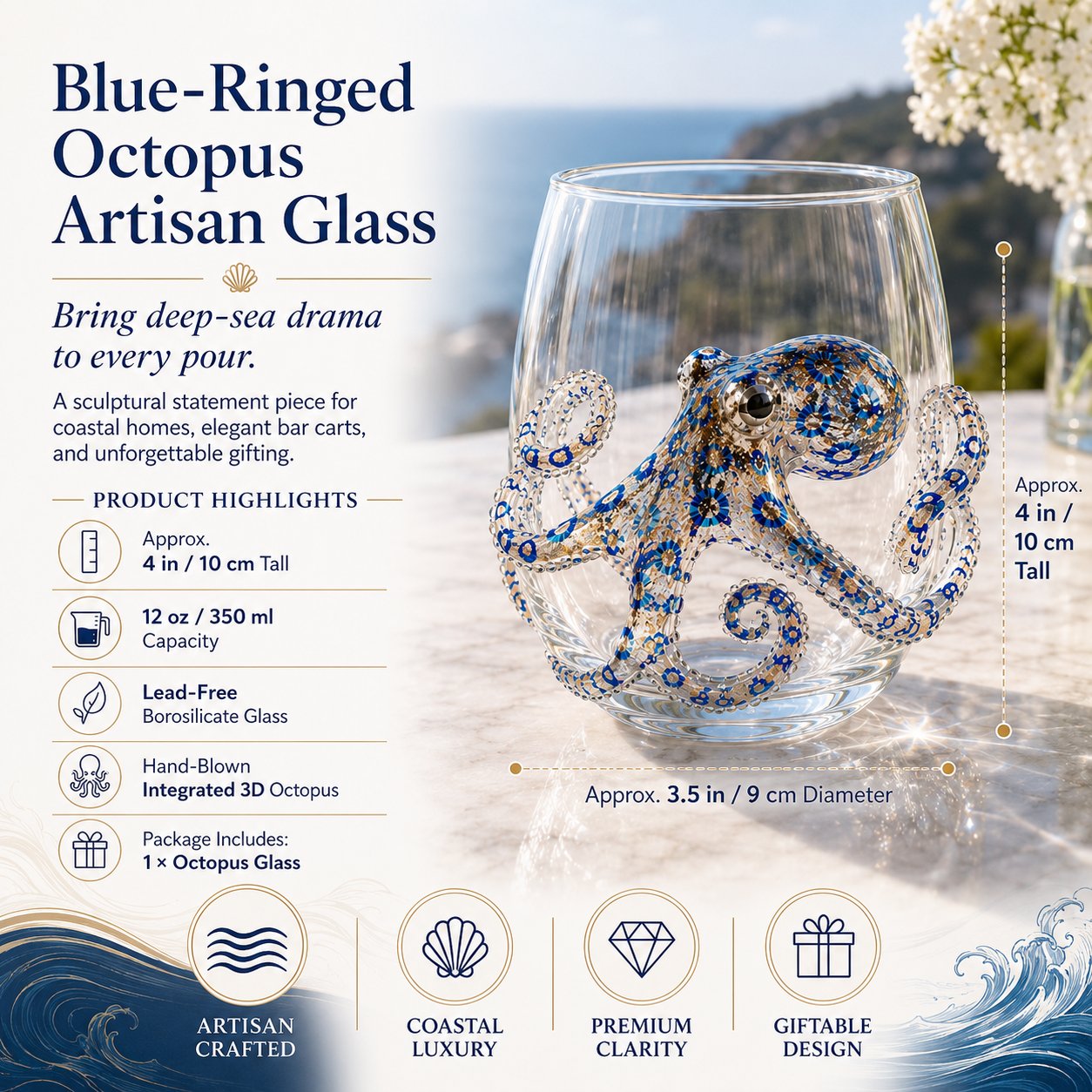 🌊 High-quality handmade glass featuring 3D marine life designs.