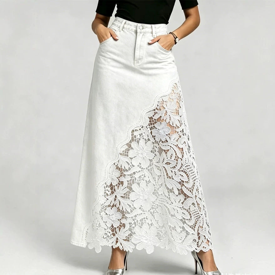 Stylish and sexy women's denim skirt featuring lace inserts and cut-out details.