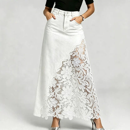 Stylish and sexy women's denim skirt featuring lace inserts and cut-out details.