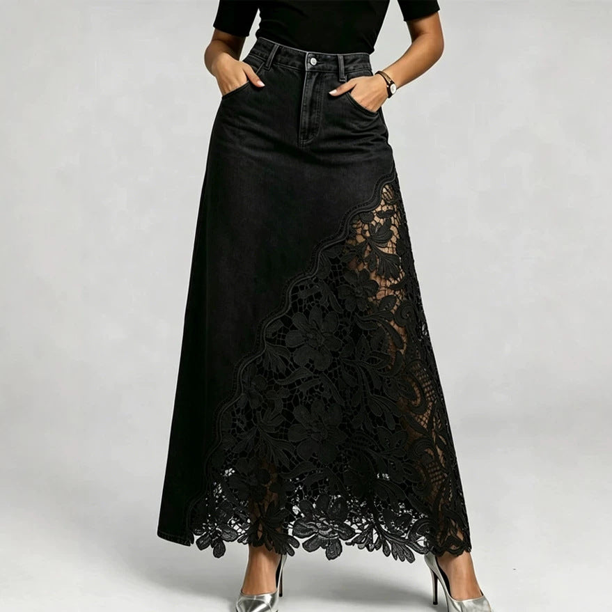 Stylish and sexy women's denim skirt featuring lace inserts and cut-out details.