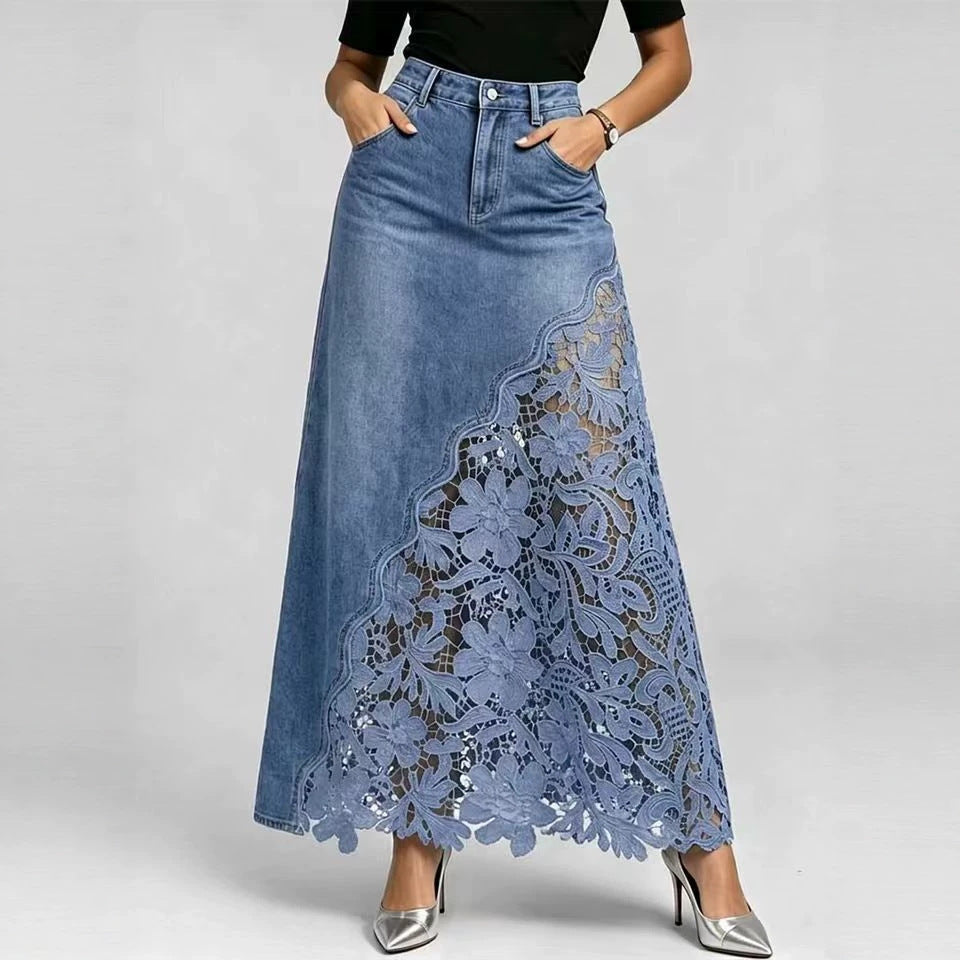 Stylish and sexy women's denim skirt featuring lace inserts and cut-out details.