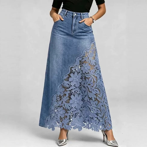 Stylish and sexy women's denim skirt featuring lace inserts and cut-out details.