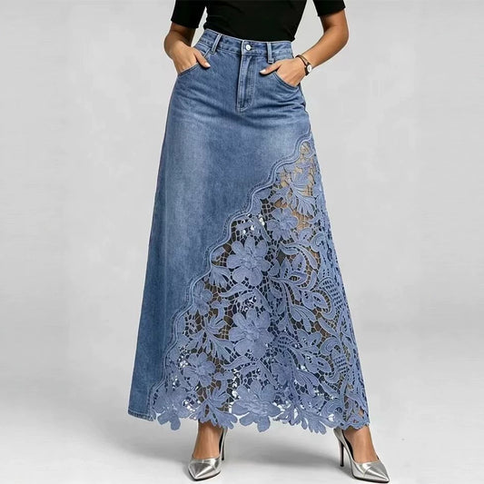 Stylish and sexy women's denim skirt featuring lace inserts and cut-out details.