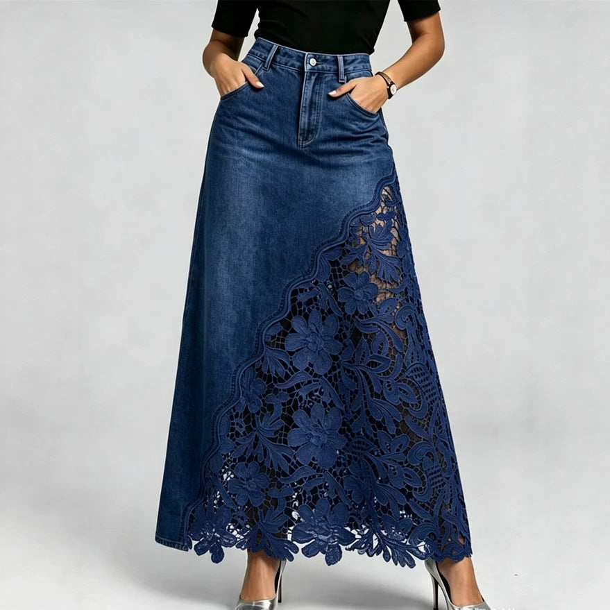 Stylish and sexy women's denim skirt featuring lace inserts and cut-out details.