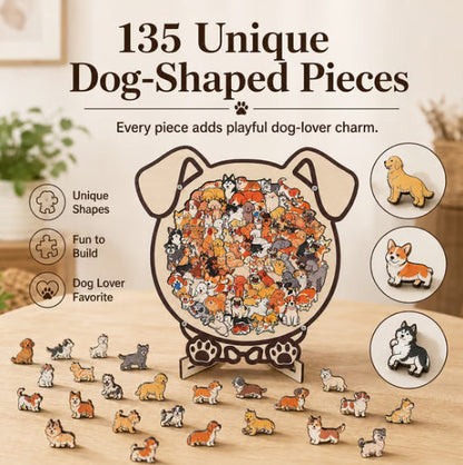 🎨 Artistic Wooden Dog Puzzle with Display Frame, Unique Shaped Jigsaw Puzzle for Adults Stress Relief Home Decor Creative Gift