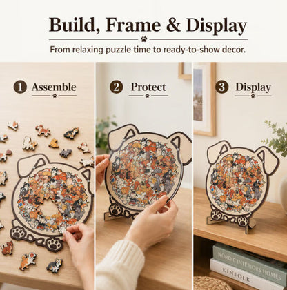 🎨 Artistic Wooden Dog Puzzle with Display Frame, Unique Shaped Jigsaw Puzzle for Adults Stress Relief Home Decor Creative Gift