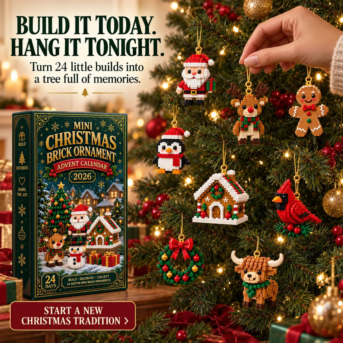⏳ Last Day 49% OFF – 🎄24-Day Mini Christmas Brick Ornament Advent Calendar | 24 Unique Buildable Holiday Ornaments to Create. Hang & Keep 🧱