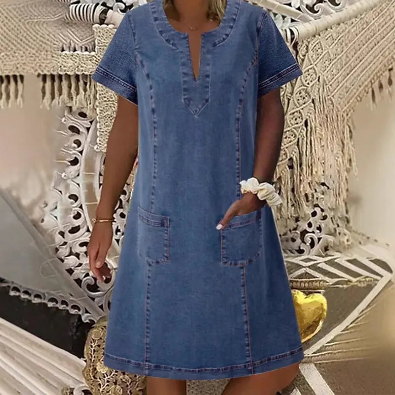 🔥 49% OFF🔥⏰Women's Short Sleeve V-Neck Denim Dress