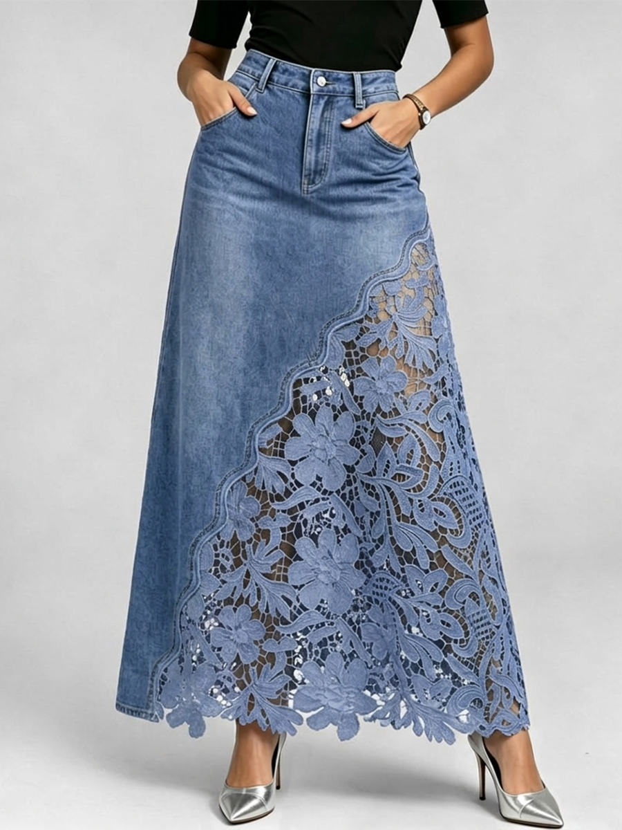 Stylish and sexy women's denim skirt featuring lace inserts and cut-out details.