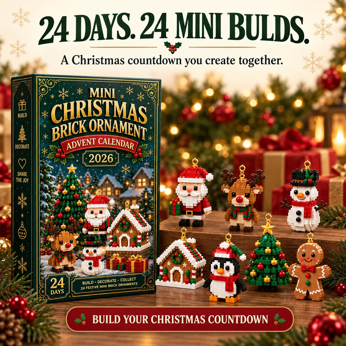 ⏳ Last Day 49% OFF – 🎄24-Day Mini Christmas Brick Ornament Advent Calendar | 24 Unique Buildable Holiday Ornaments to Create. Hang & Keep 🧱