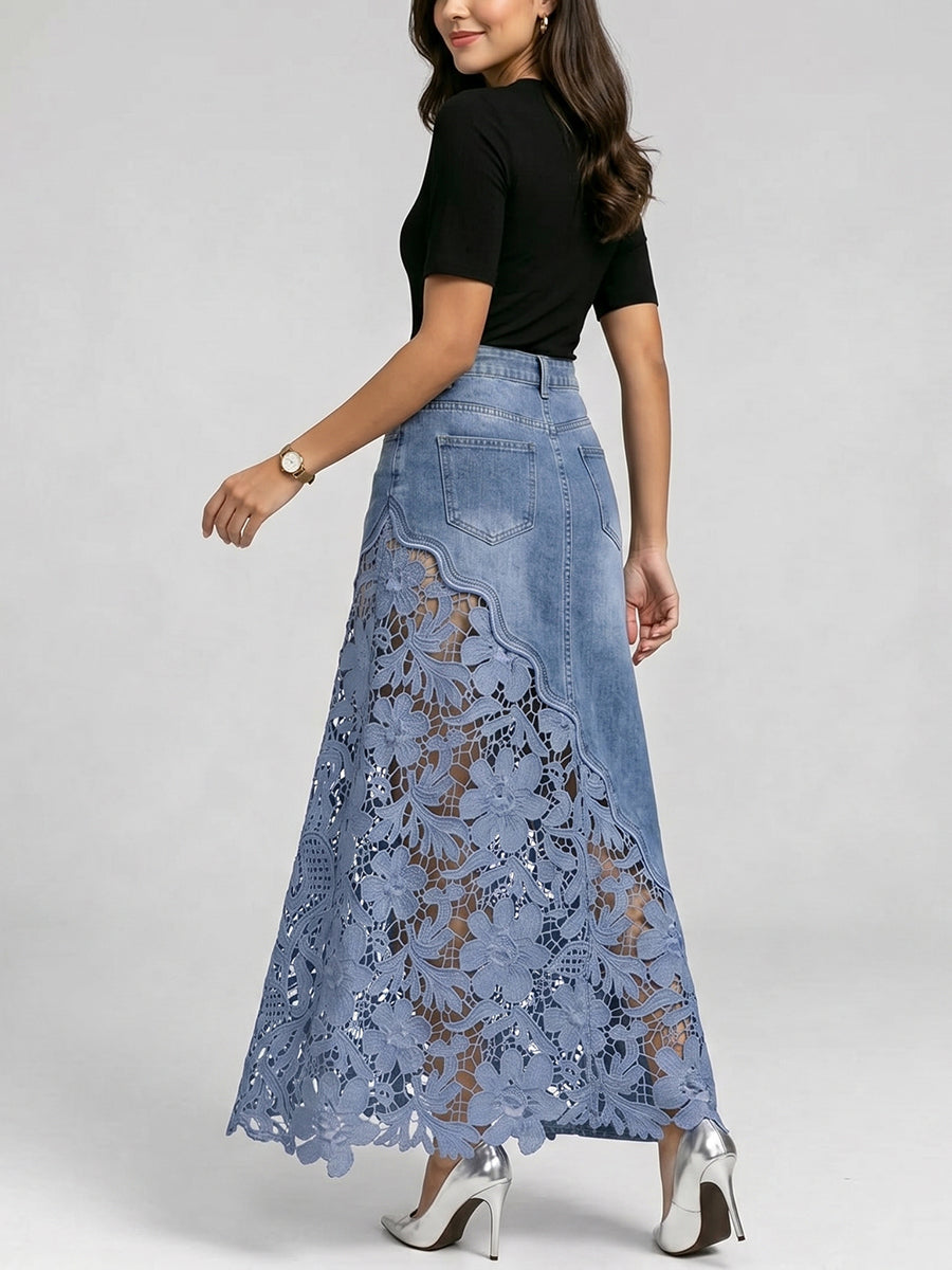 Stylish and sexy women's denim skirt featuring lace inserts and cut-out details.