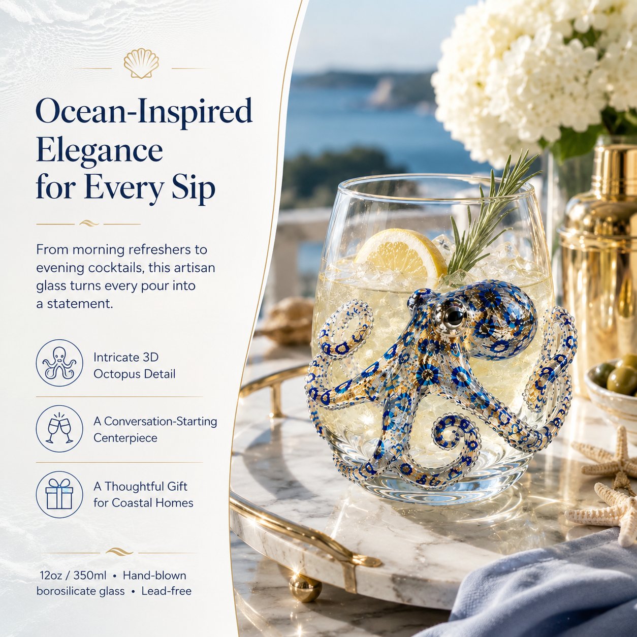 🌊 High-quality handmade glass featuring 3D marine life designs.