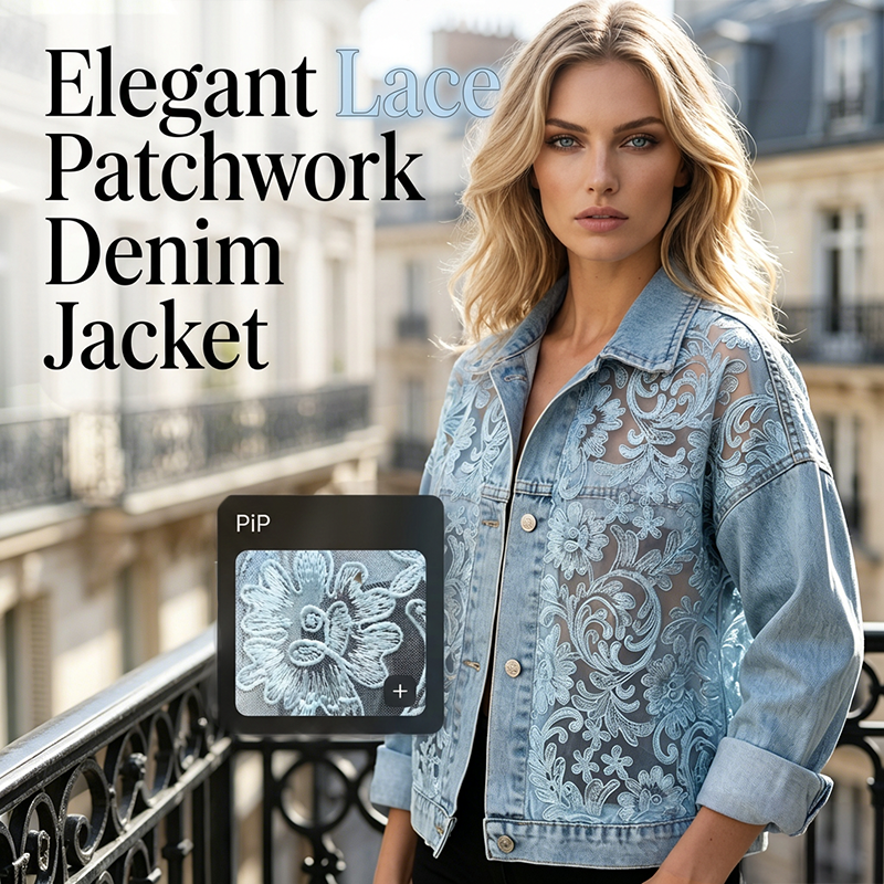 🎁Women's Loose Floral Lace Patchwork Denim Jacket✨