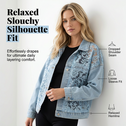 🎁Women's Loose Floral Lace Patchwork Denim Jacket✨