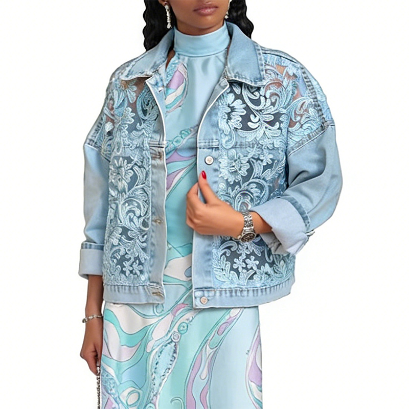 🎁Women's Loose Floral Lace Patchwork Denim Jacket✨